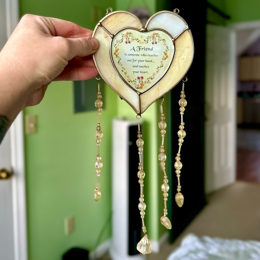 VTG Glass Heart Shaped Tassel Suncatcher Stained Glass Glossy Friend Wall Art